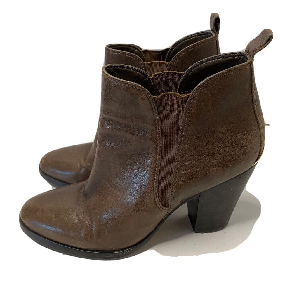 Michael Kors Brandy Brown Leather‎ Ankle Boots Gold Logo Block Heel Women 8.5M